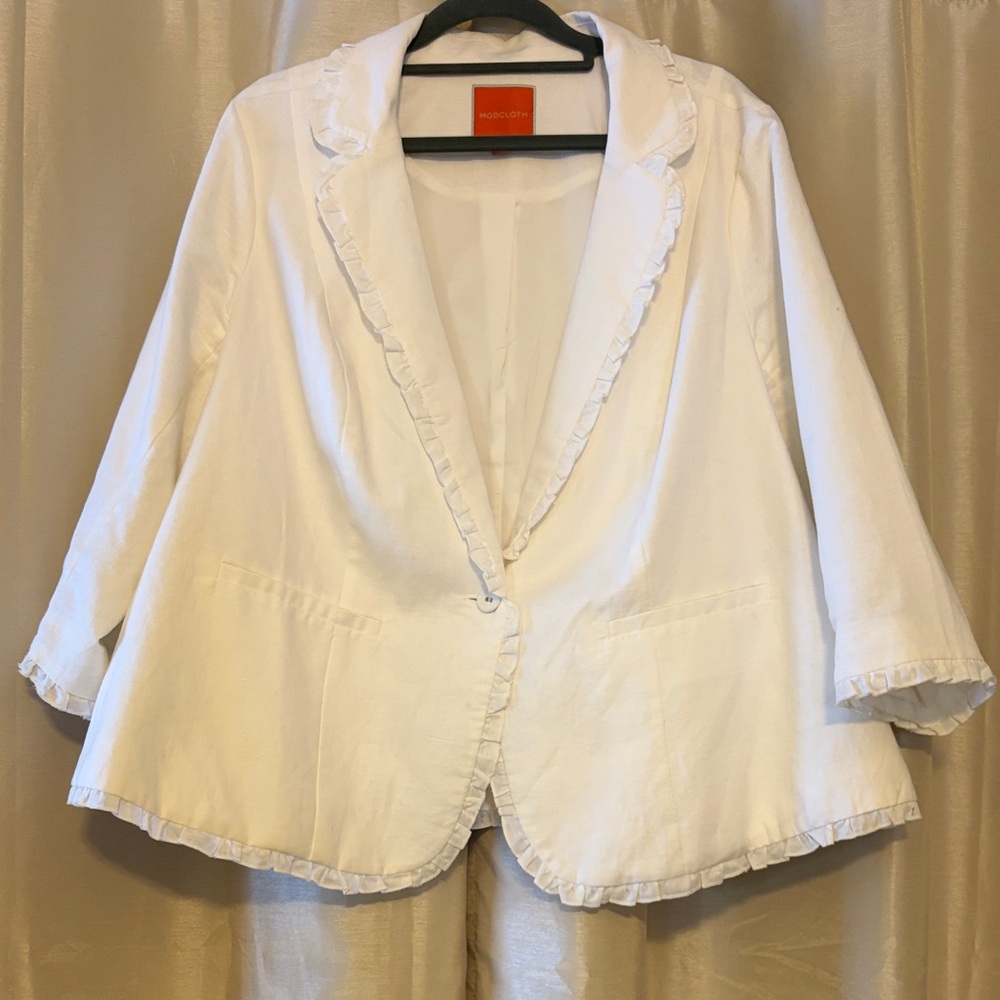 ModCloth White Blazer with Ruffle Detail, 1X